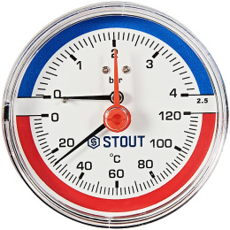 Термоманометр Stout аксиальный с автоматическим запорным клапаном, Dn 80 мм 1/2 , 0...120C, 0-4 бар