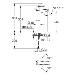 Смеситель для раковины чаши Grohe BauEdge для свободностоящей, XL-Size, хром