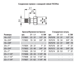 Соединение TECE TECEflex прямое с накидной гайкой 16 х 1/2, бронза