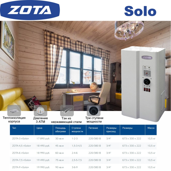 Электрический котёл отопления одноконтурный настенный ZOTA 3 Solo (SL3468420003)